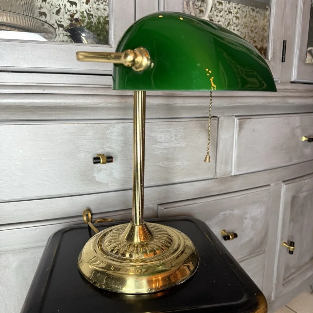 Vintage Bankers Desk Lamp Emerald Green Glass Shade and Column Underwriters Lab